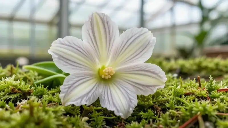Striped flower emerges from lush moss in a bright greenhouse