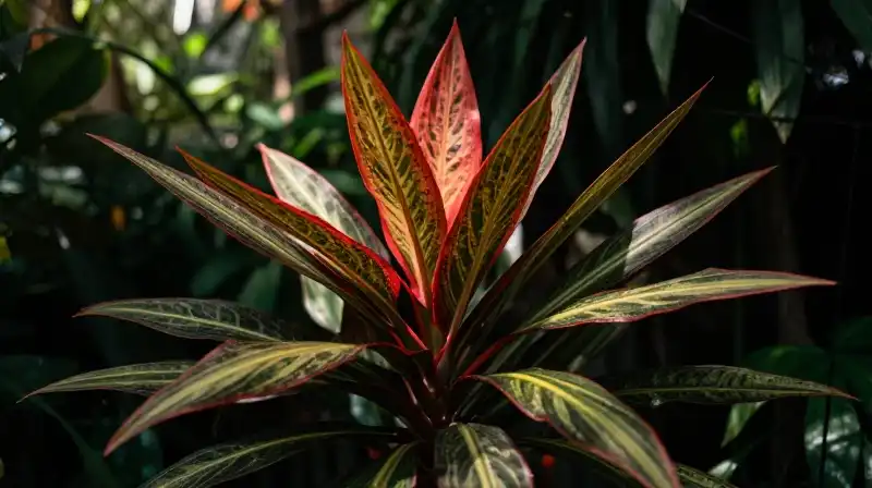 Vibrant striped plants with red flowers in a lush tropical setting