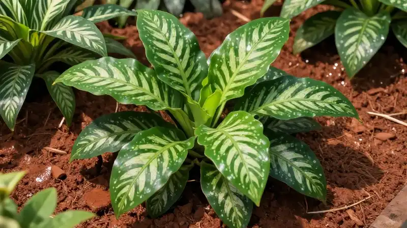 Vibrant speckled green plant in a bright, sunlit greenhouse