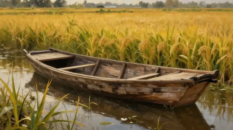 A weathered wooden hull sits amid flooded paddies under golden, dramatic light