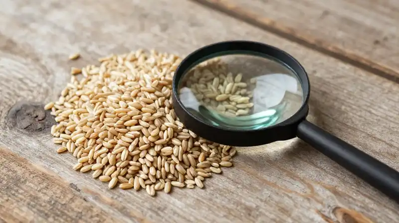 Magnifying glass details brown rice hulls on rustic wood