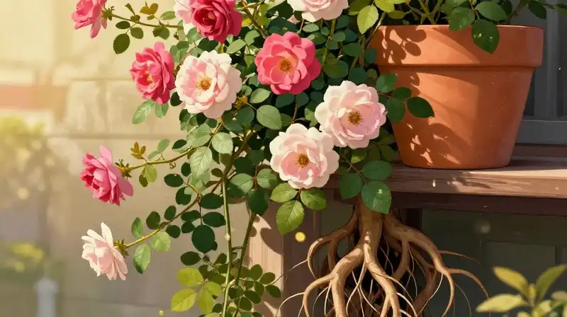 Vibrant climbing rose bursts from terracotta pots in golden light