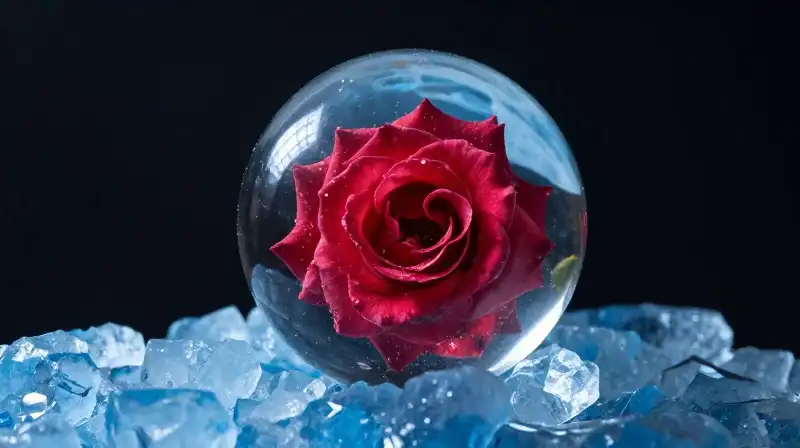 Vibrant rose encased in glass upon a crystalline blue iceberg