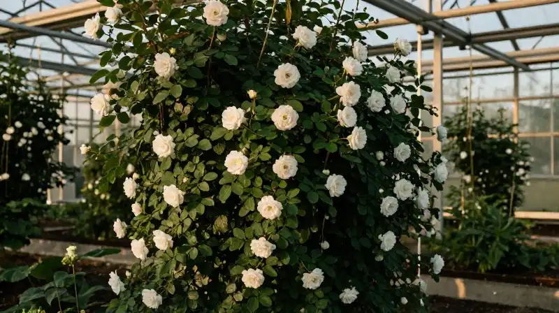 Golden light bathes a white climbing rose within lush foliage