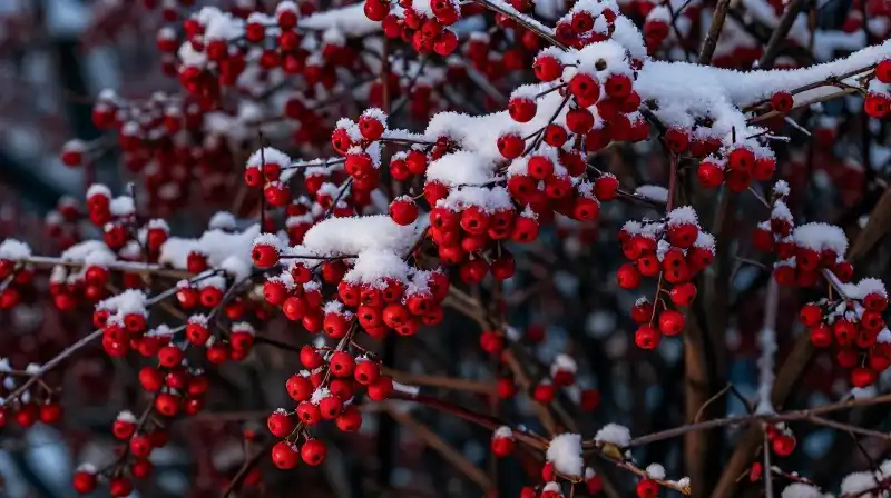 Bright red berries cling to frost-covered branches in the snow