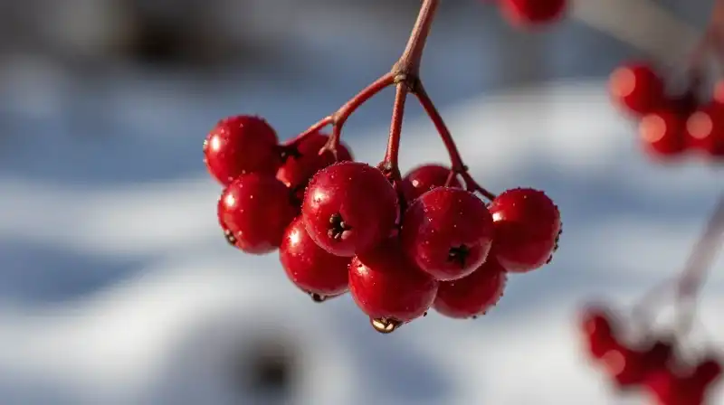 A vibrant red berry cluster glows against a cool, snowy garden backdrop