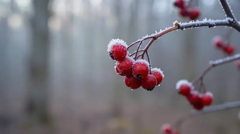 Vibrant red berries grow on frosted branches in an ethereal woodland
