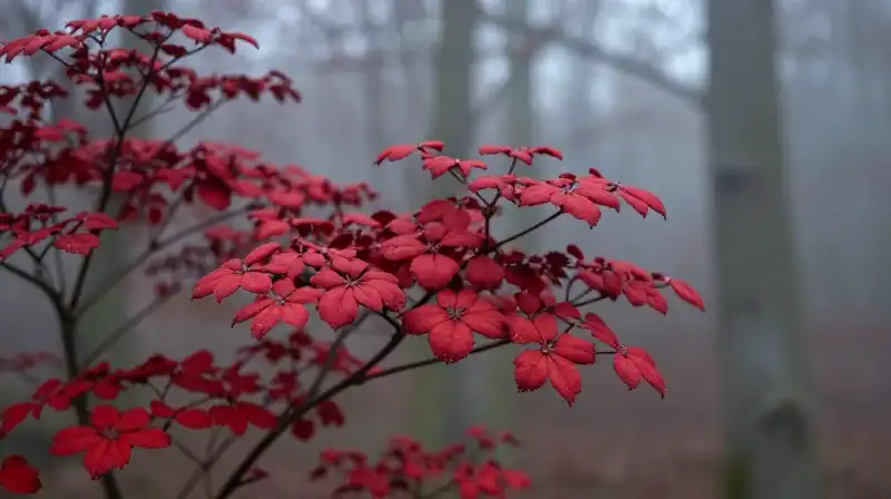 Vibrant scarlet dogwood blooms fill a misty woodland scene