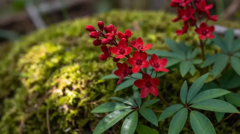 Vivid red sweetspire blossoms glow in the mossy, sun-dappled forest