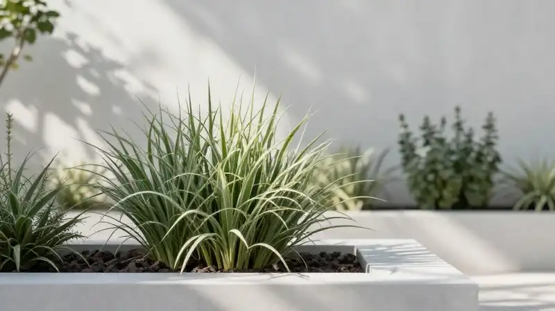Soft sunlight illuminates sweetspire in a minimalist garden