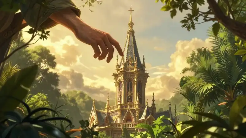 Golden light bathes an intricate spire touched by a caretaker’s hand