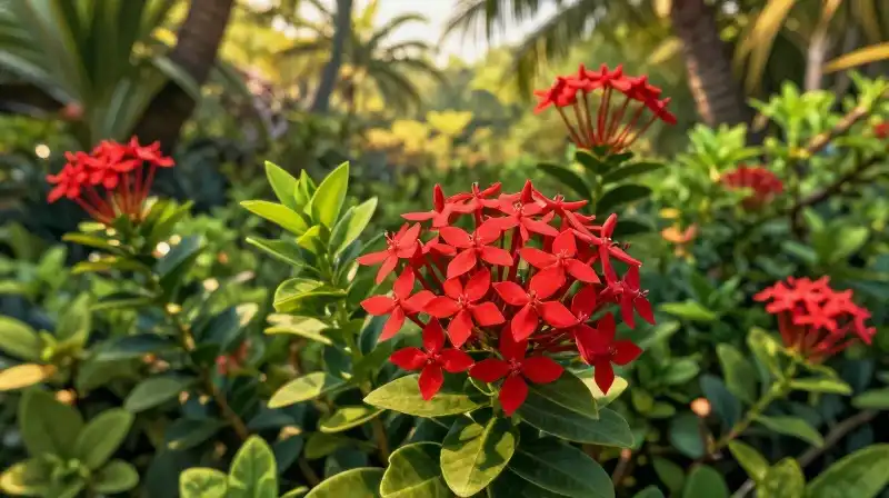 Vibrant red ixora flowers glow in a lush golden tropical garden
