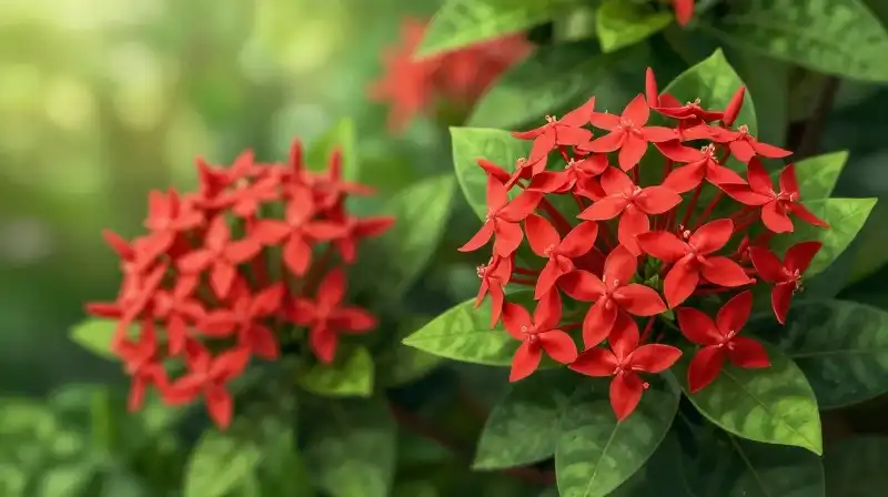 Vibrant red Ixora blossoms glow beneath the bright tropical sun