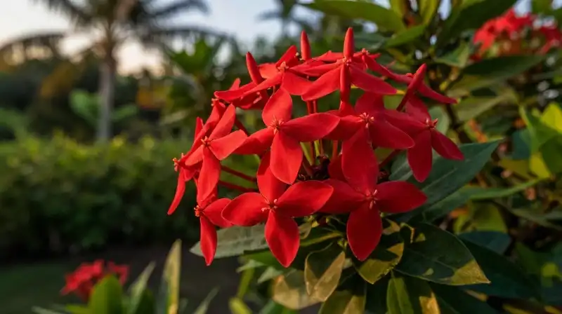 Vibrant red ixora blossoms thrive in a lush, golden tropical garden