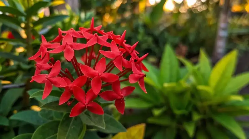 Bright red Ixora blooms captured in a lush golden glow