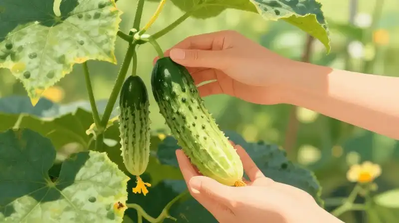 Sunlight illuminates hands harvesting lush, ripe Japanese cucumbers