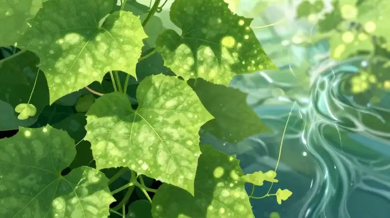 Lush cucumber leaves dappled by sunlight near a clear stream