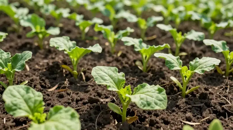Morning sun shines on lush cucumber sprouts in dark, rich soil