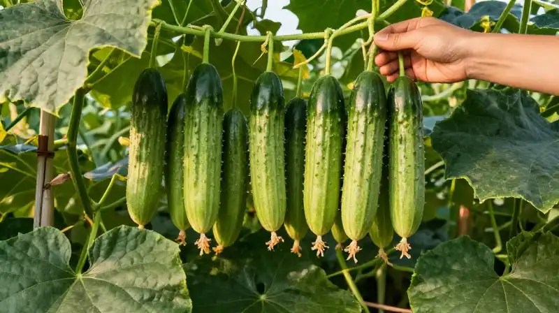 Hands harvest long green cucumbers in a warm, shaded, golden garden