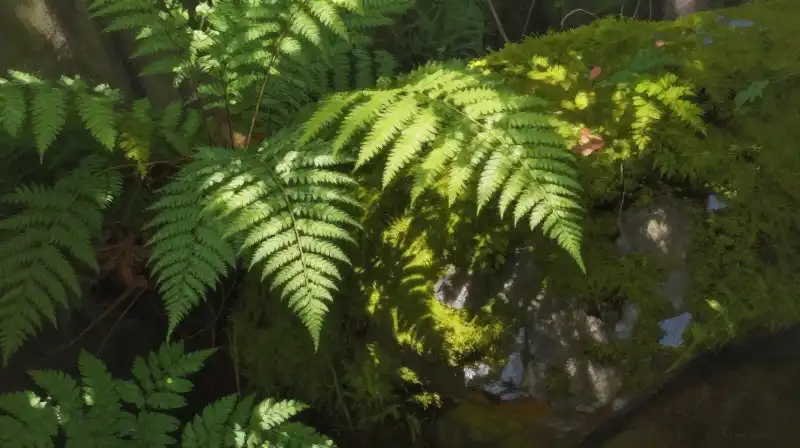 Lush ferns and moss-covered rock bathed in soft, dappled sunlight