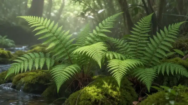 Delicate ferns thrive in a mossy mist illuminated by ethereal sunlight