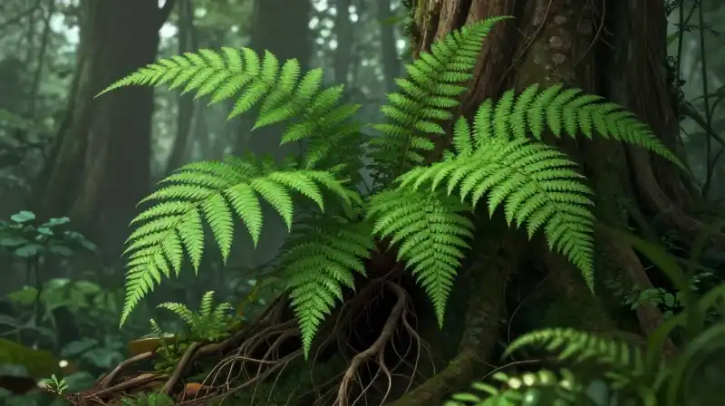 A vibrant green Japanese fern grows amidst misty, tangled roots on the forest floor