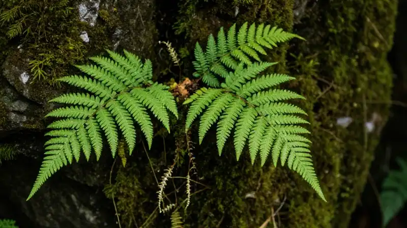 Vibrant ferns thrive on moist moss, kissed by gentle dappled sunlight