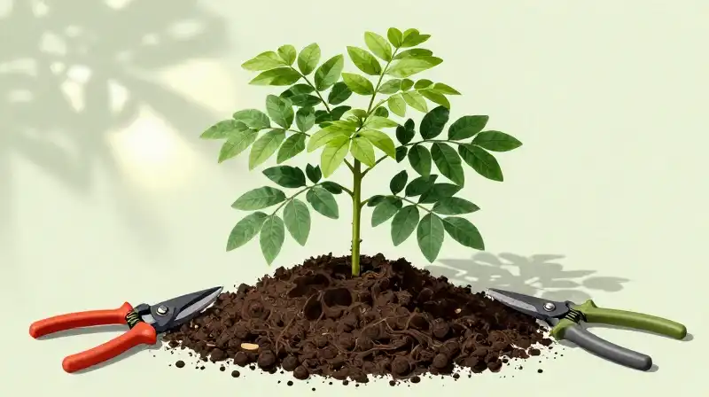 Young sapling in moist soil sits under bright, dappled sunlight near shears