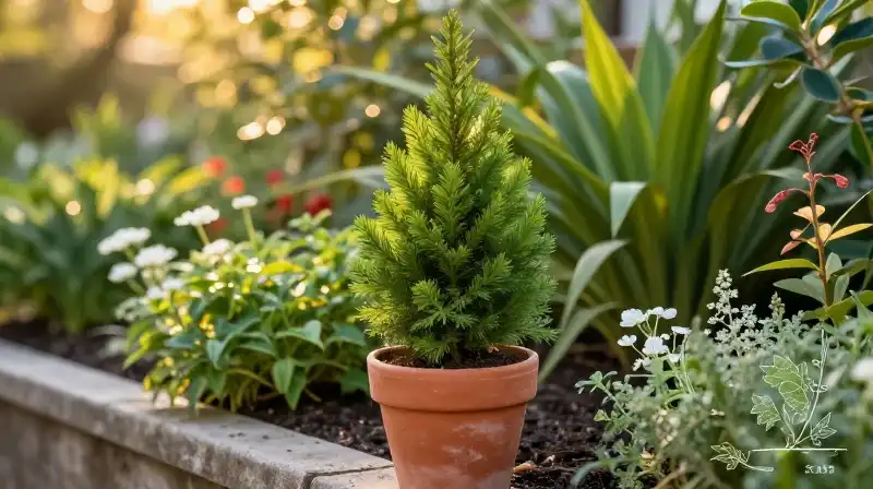 Golden light bathes a small conical evergreen within a lush garden