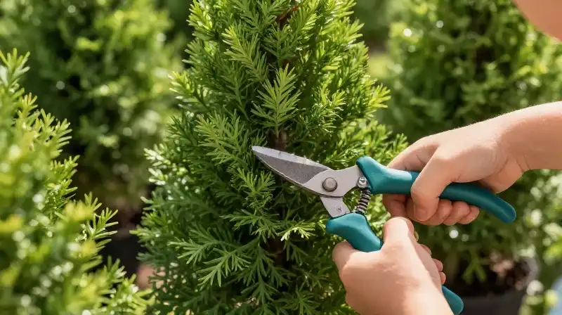 Focused hand carefully prunes a green sapling in a sunlit nursery