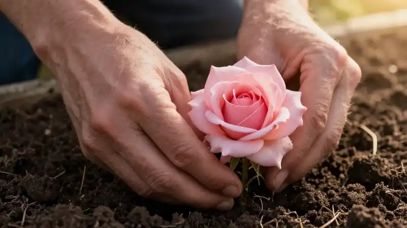 Golden morning light falls on hands planting a perfect rose