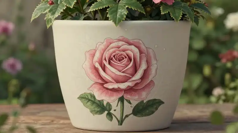 Elegant rose blooms softly in a decorative, light-filled garden setting