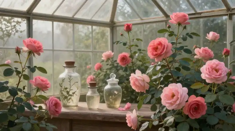 Lush red roses and antique jars sit in a misty glass greenhouse