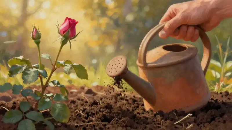 A hand carefully sifts dark, fertile soil near a pristine rose