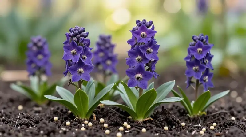 Vibrant purple larkspur petals bloom on dark soil in soft sunlight