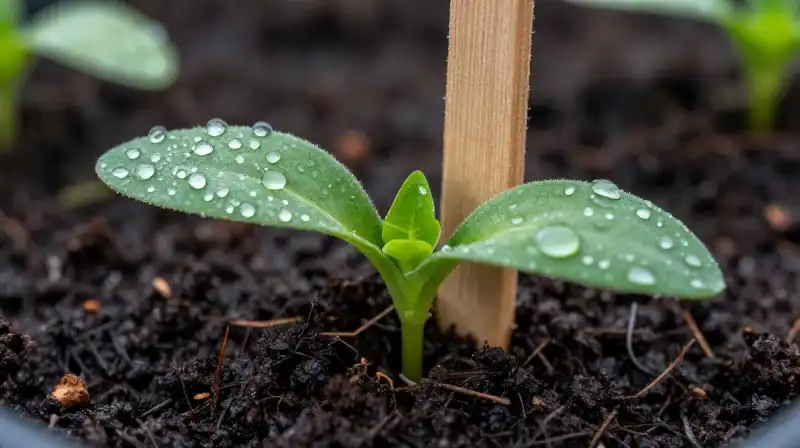 Vibrant seedling with morning dew atop dark, moist soil