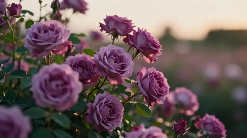 Someone closely inspects lush lavender roses at golden hour