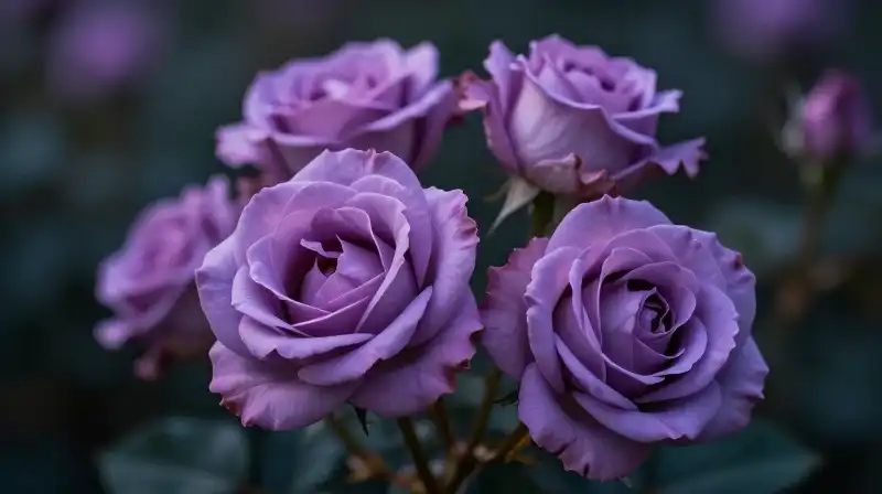 Vibrant lavender roses stand in dramatic detail against a soft, blurry backdrop