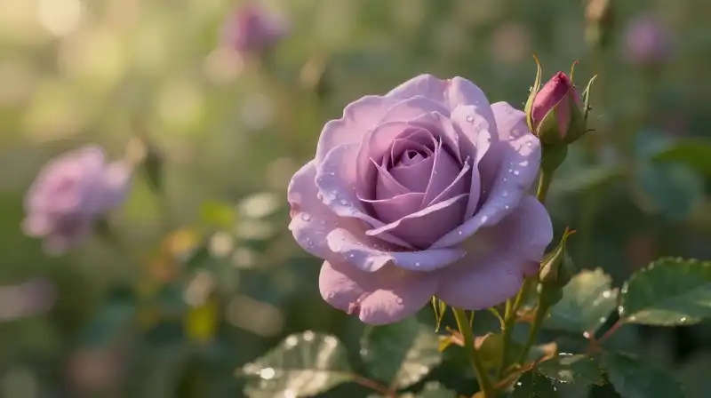 Delicate lavender roses emerge in a softly lit golden garden