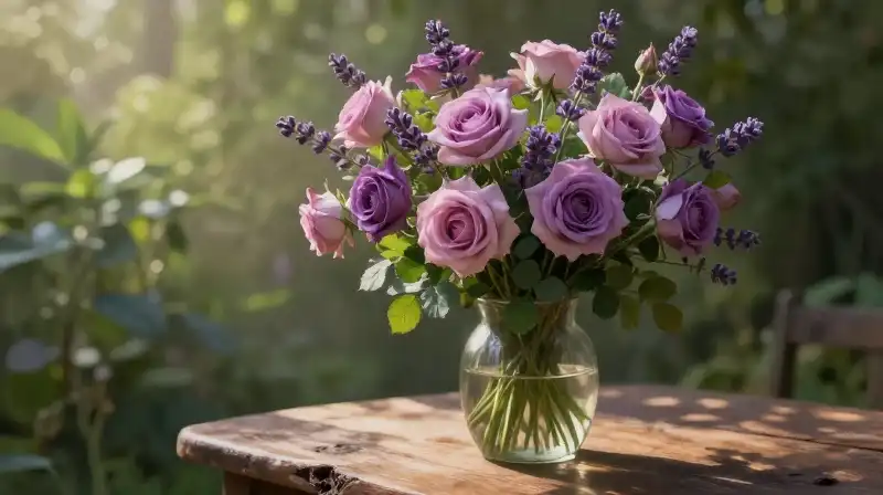 Lavender roses bloom on a rustic table under warm, dramatic sunlight