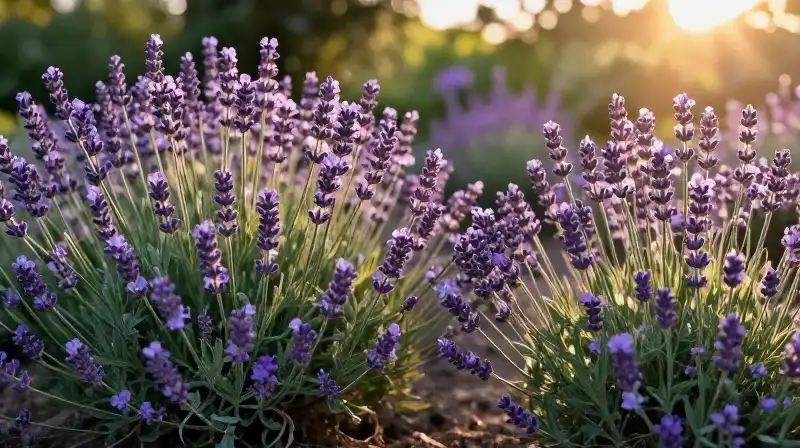 Golden hour light bathes delicate lavender roses in an overgrown garden