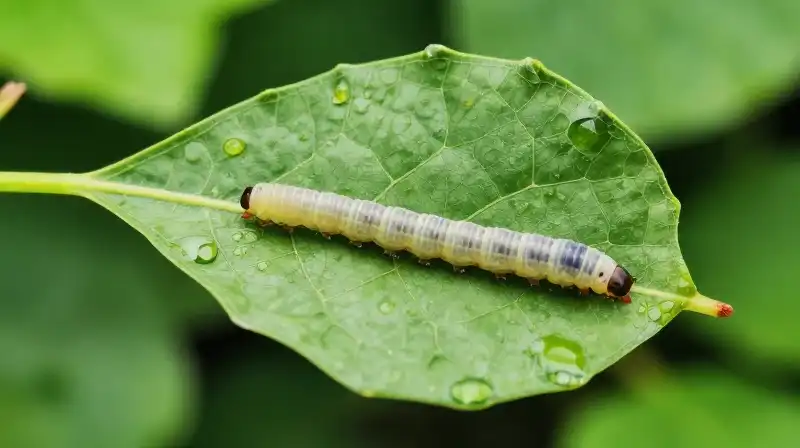 A microscopic larva visible within a vividly textured green leaf