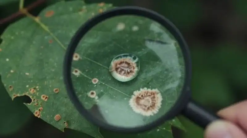 Magnified view of a fungal spot on a moist, diseased leaf