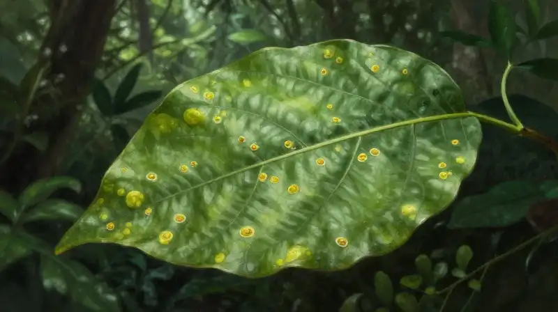 Vibrant green leaf displaying striking fungal growth in a lush canopy
