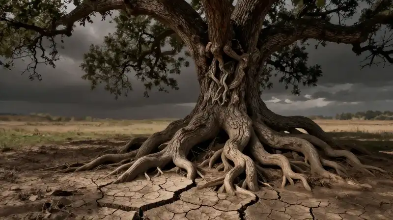A dramatic leaning oak with exposed roots on cracked, dry ground