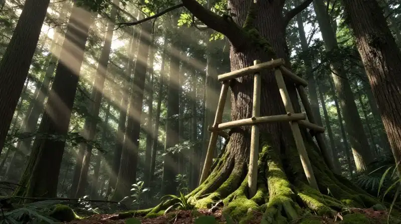 A braced, ancient leaning tree stands tall in a mossy forest