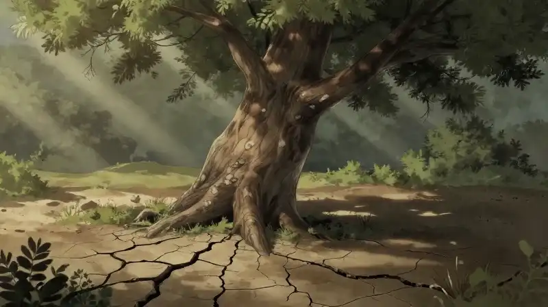 An ancient, leaning tree dominates the cracked, dramatic landscape