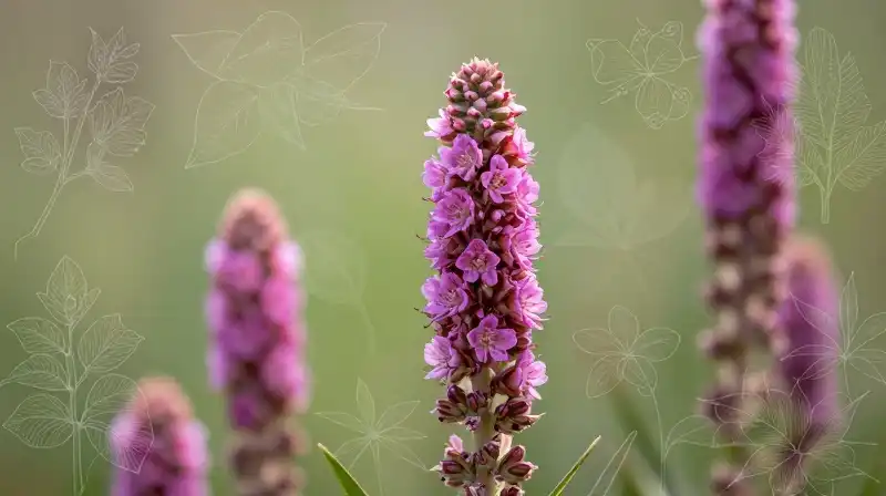 Vibrant Liatris plumes are overlaid with intricate botanical blueprints