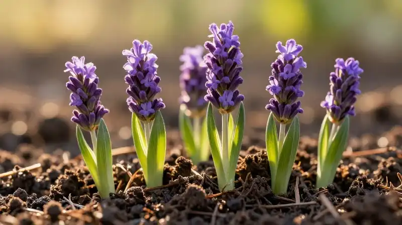 Vibrant lavender flowers glow within dark, rich soil at golden hour
