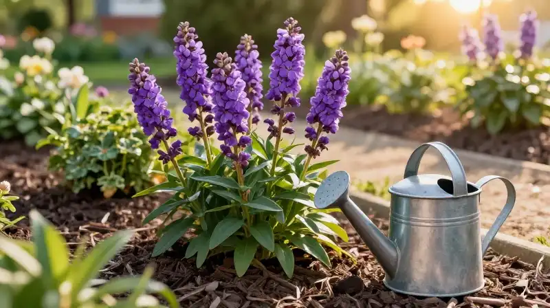 Vibrant purple flowers glow in a warm, golden garden